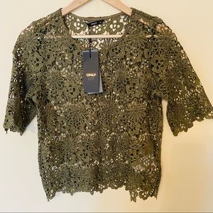 ONLY Kalamata Olive Crochet Lace Floral Top